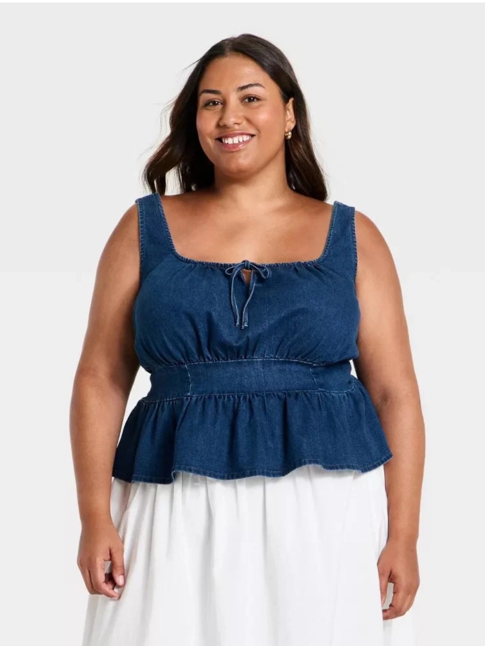 Ava & Viv Dark Blue Denim Peplum Tie-Front Tank